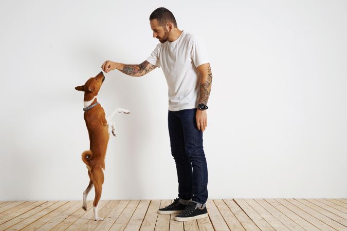 Casual, tattooed man feeding dog