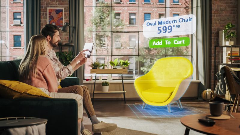 Decorating Apartment: Couple Holding Digital Tablet Computer, using Augmented Reality Interior Design Software