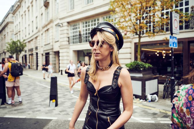 London, England, United Kingdom - July 7th, 2019: Woman in leather at Pride Parade