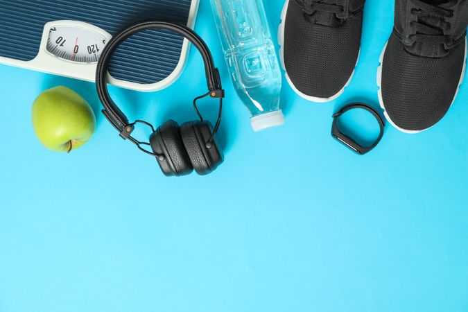 Flat lay composition with loss weigh accessories on color background