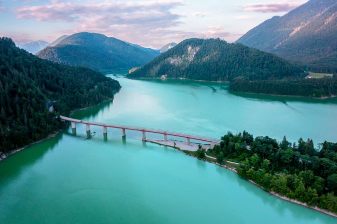 Drone image with the Sylvenstein Lake surrounded by mountains, in Upper Bavaria, Germany