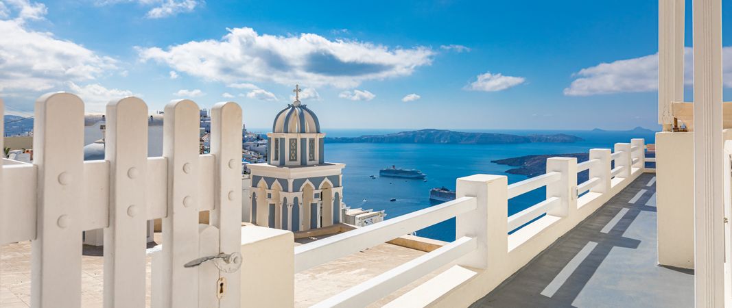 Wide shot of iconic Santorini