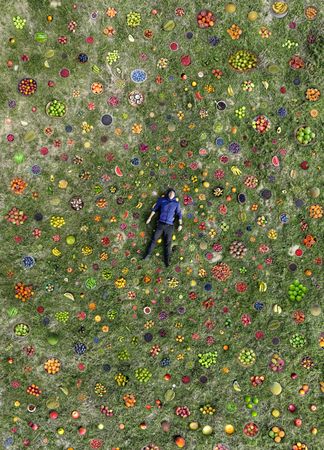 Aerial image of a man in a large field full of healthy fruits