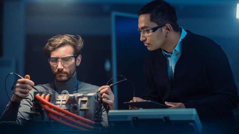 Two Professional Automotive Engineers with a Tablet Computer and Inspection Tools are Having a Conversation While Testing an Electric Engine in a High Tech Laboratory with a Concept Car Chassis.