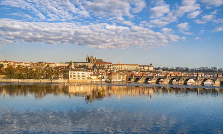 Prague skyline and water reflection
