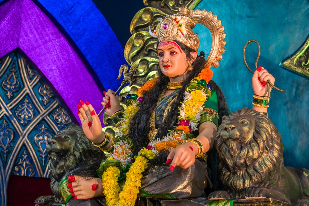 A beautiful idol of Maa Durga being worshipped at a temple in Mumbai for the auspicious Indian festival of Navratri