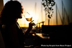 Silhouette of woman drinking wine during sunset 0KQdA4