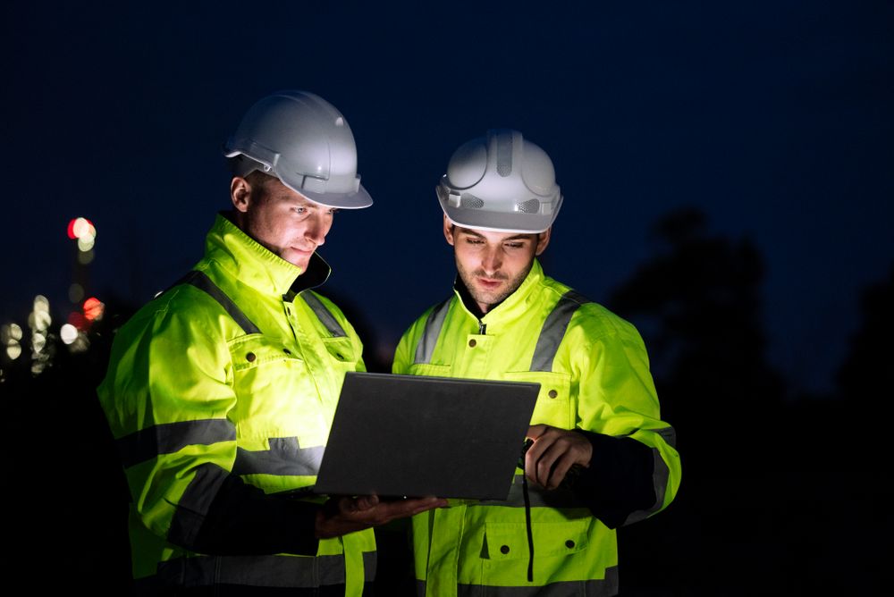 Engineer worker watching work monitor on laptop at refinery oil factory