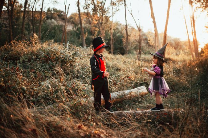 Brother and sister playing in the forest in halloween costumes