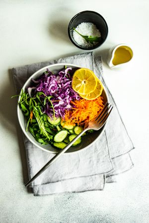 Looking down at healthy salad bowl with red cabbage