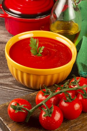 Delicious homemade tomato soup in bowl.