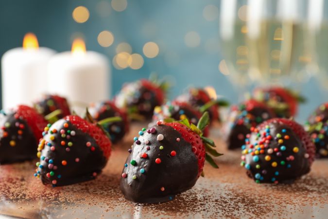 Composition with chocolate fondue, close up Delicious sweet food