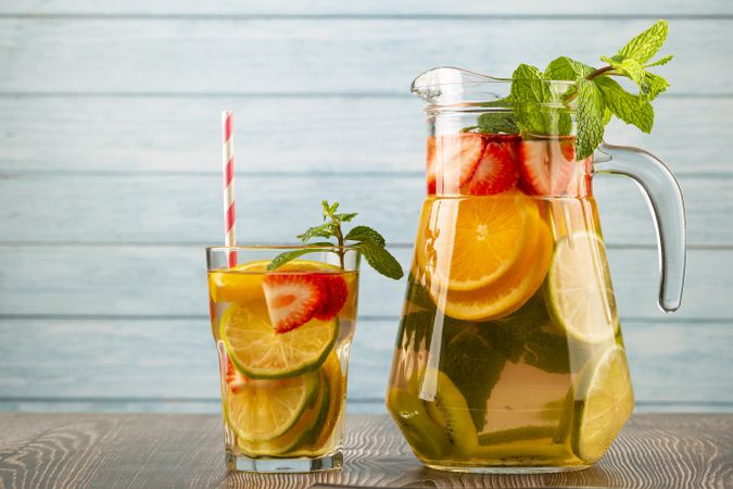 Water flavored with fresh summer fruit.