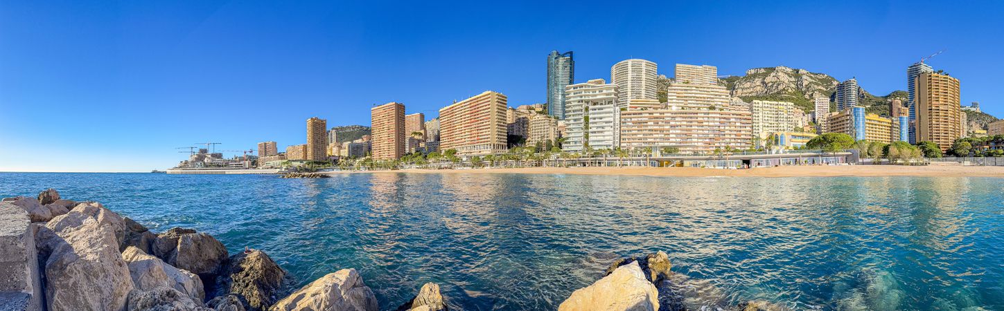 Panoramic view of the public Larvotto Beach, Monaco