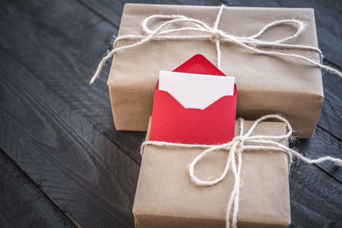 Presents and envelope with blank paper