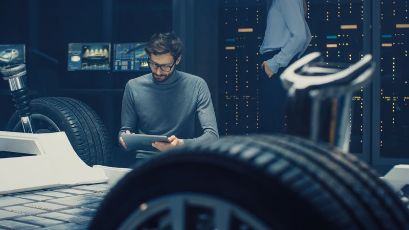 Automobile Design Engineer Sitting Beside Hybrid Electric Car Chassis Platform Prototype, Using Tablet