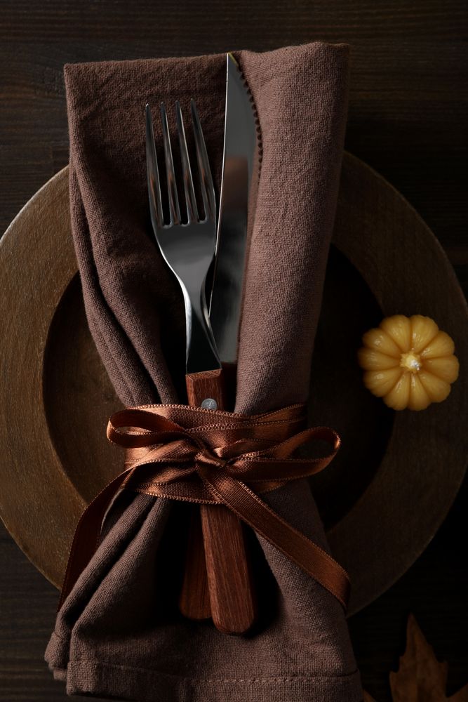 Concept of Thanksgiving day, Autumn table setting, top view