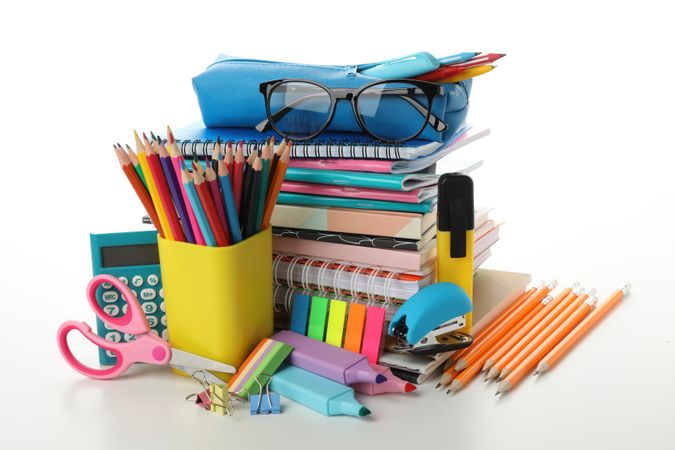 Different school supplies isolated on blank background