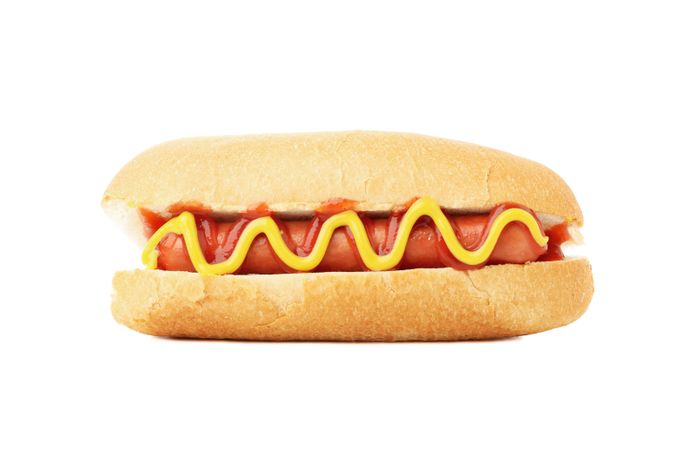 Tasty hot dog isolated on light background