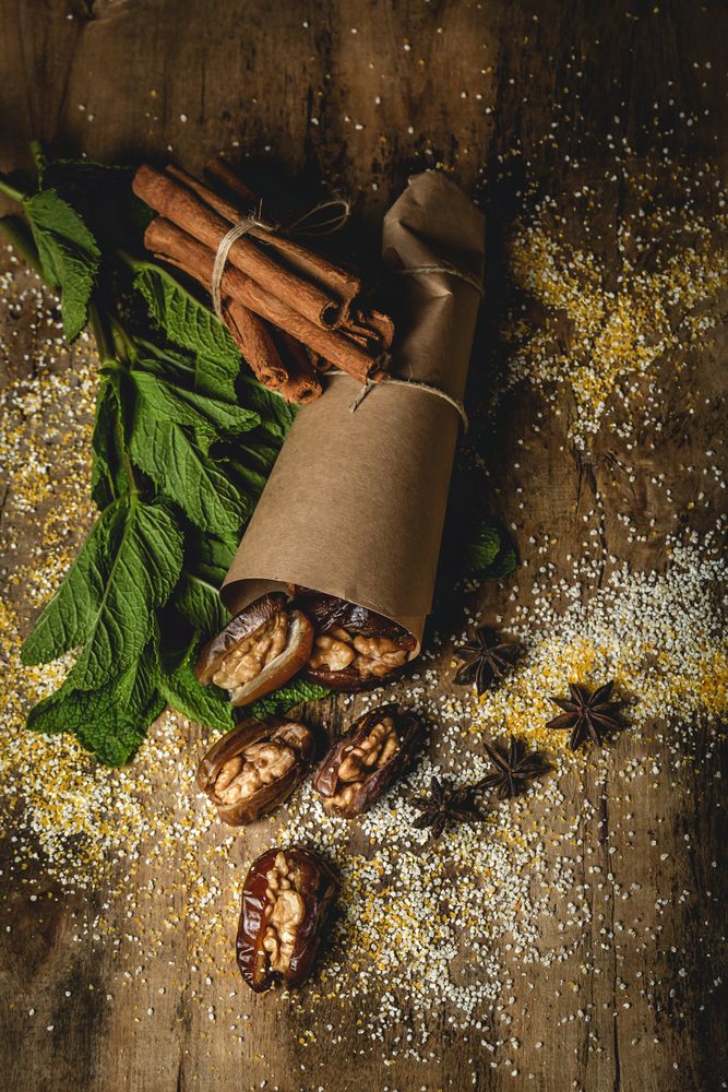 Dates fruits with walnuts, mint and cinnamon for Ramadan