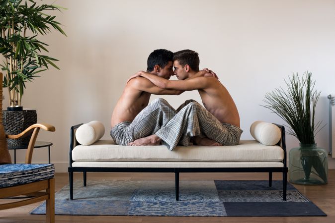 Stylish shirtless gay couple posing