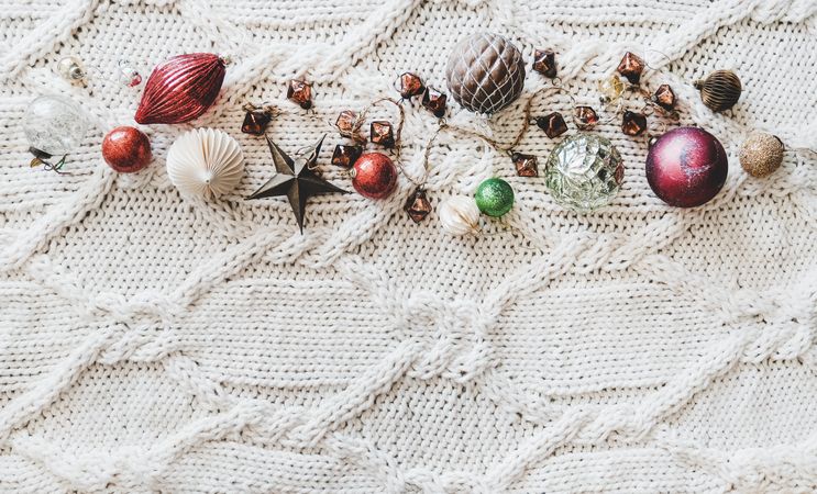 Flat-lay of holiday decorations, top view, copy space