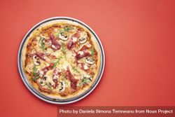 Prosciutto and arugula pizza top view 4NQqD5
