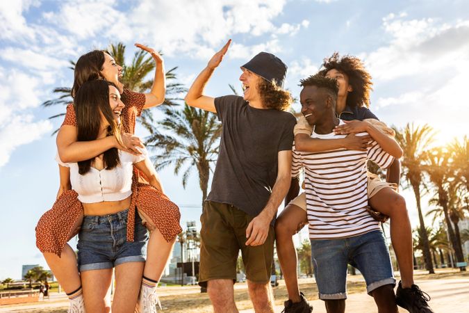 Diverse friends enjoying holidays together