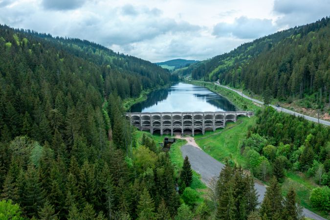 Drone aerial view of a water reservoir in the mountains of Forest, Germany