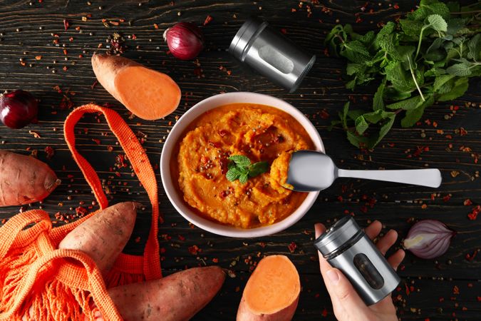 Concept of tasty food, sweet potato puree, top view