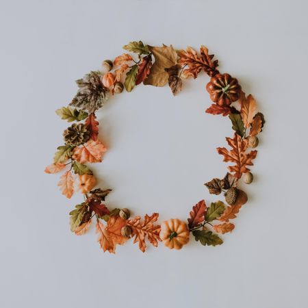 Wreath made of autumn fruits and leaves on light background