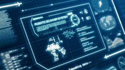 Futuristic blue hologram with technology information on screen