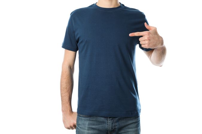 Men in blank blue t-shirt isolated on plain background, space for text