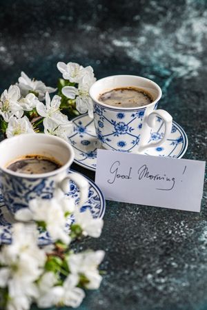 Morning coffee for couple with cherry blossom