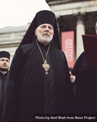 London, England, United Kingdom - March 5 2022: Orthodox man with beard in garbs outside bea1Pb