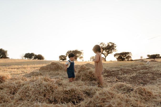 Two children standing in a field with hay