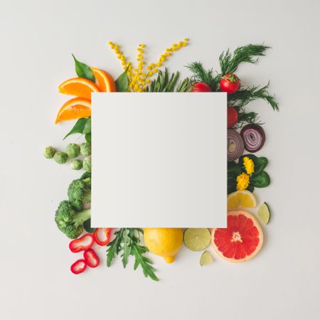 Various fruits and vegetables with paper card