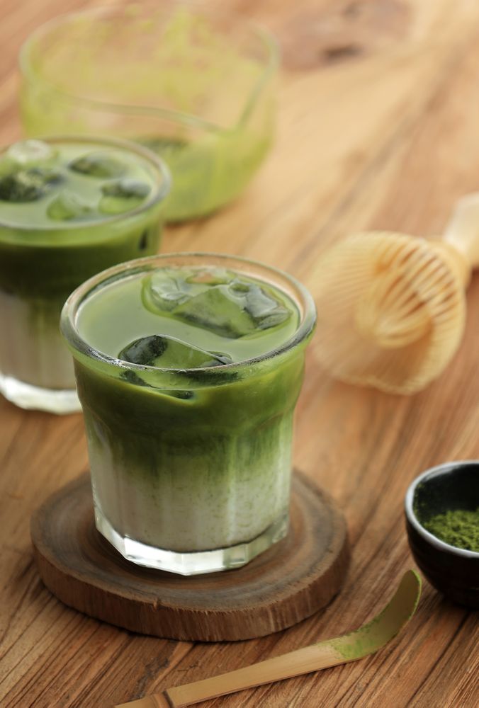 Iced Matcha Latte on Wooden Table