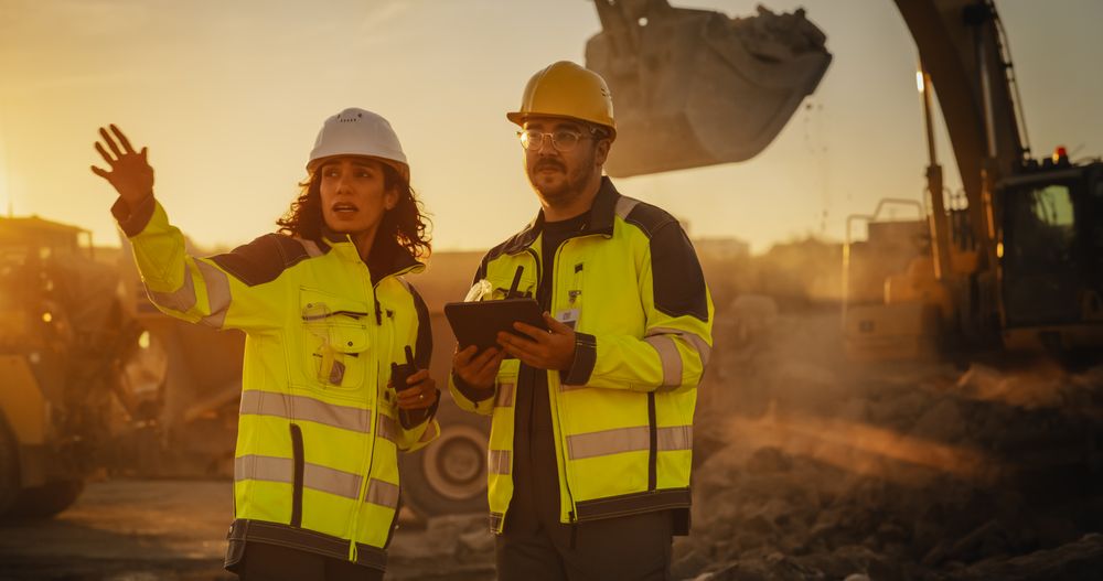 Cinematic Golden Hour Shot Of Construction Site: White Male Civil Engineer And Hispanic Female Inspector Talking, Using Tablet. Trucks, Excavators, Loaders Working On Land Development Project.