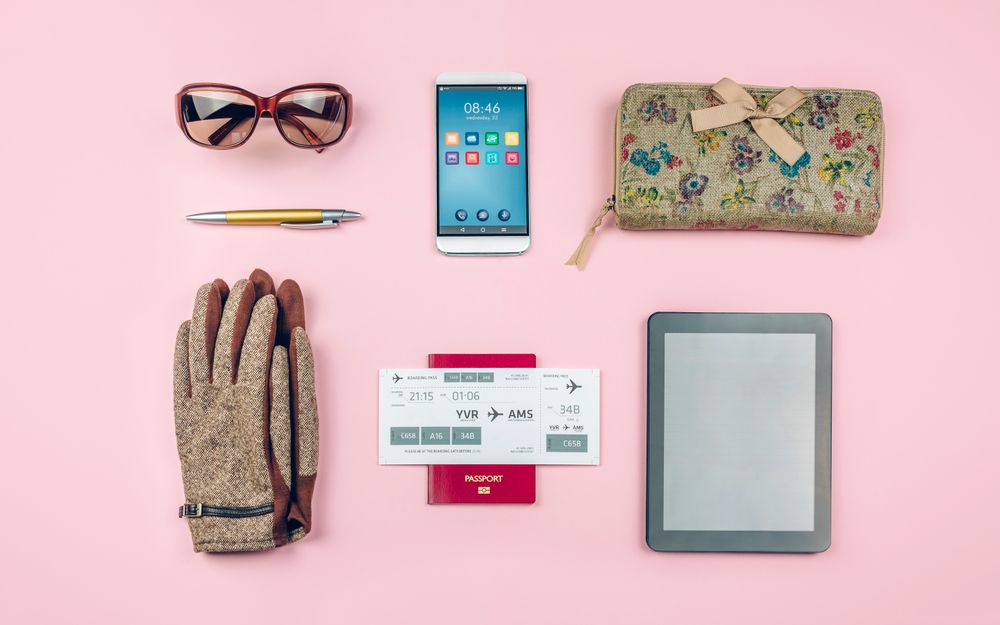 Set with businesswoman trip accessories