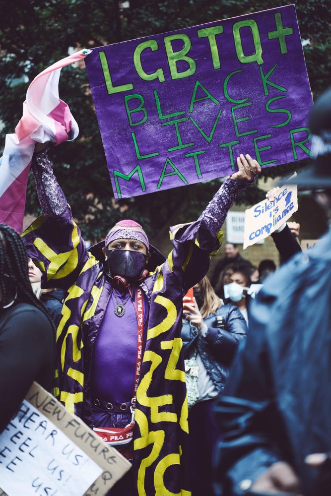 London, England, United Kingdom - June 6th, 2020: Man in bold print with sign at BLM protest