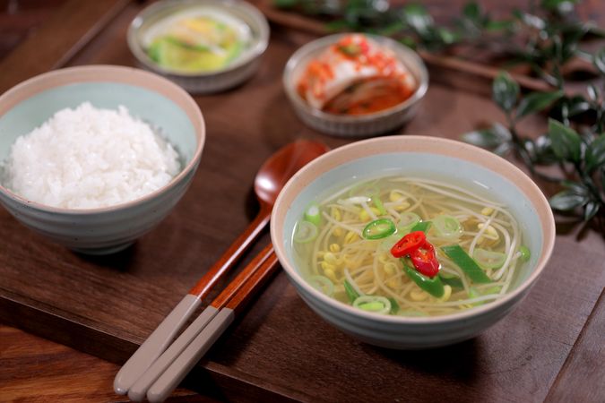 Bean Sprouts Soup, Korean Healthy Food. Fresh Ingredients.
