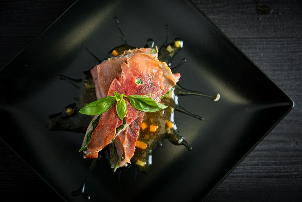 Bluefin tuna with basil ham and chicken demiglace