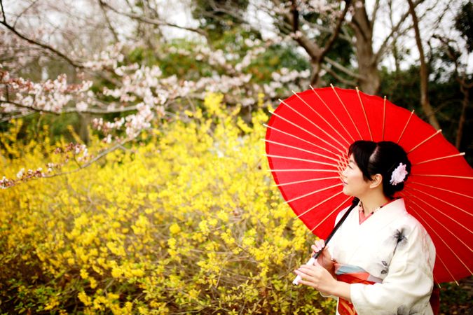 Woman in light and red floral kimono holding red umbrella