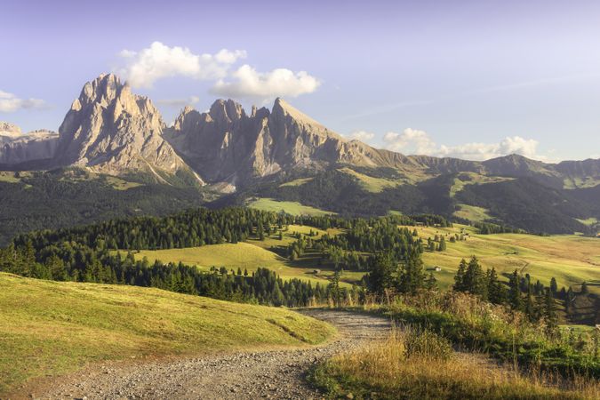 Alpe di Siusi or Seiser Alm, Sassolungo mountain and pathway, Dolomites Alps, Italy