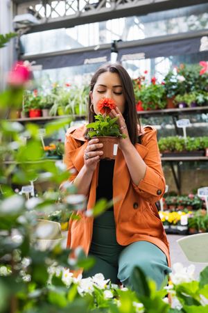 Smiling woman choosing potted flower in garden market