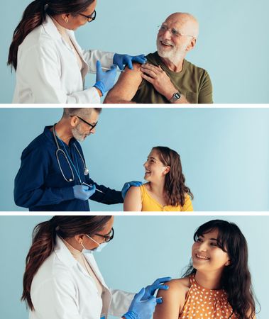 People smiling after getting vaccinated by a medical professional