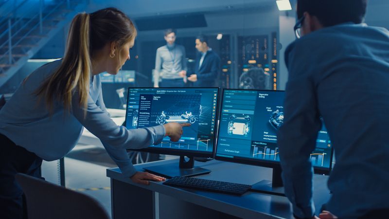Female and Male Engineers are Discussing the 3D CAD Software Render of an Electric Car.
