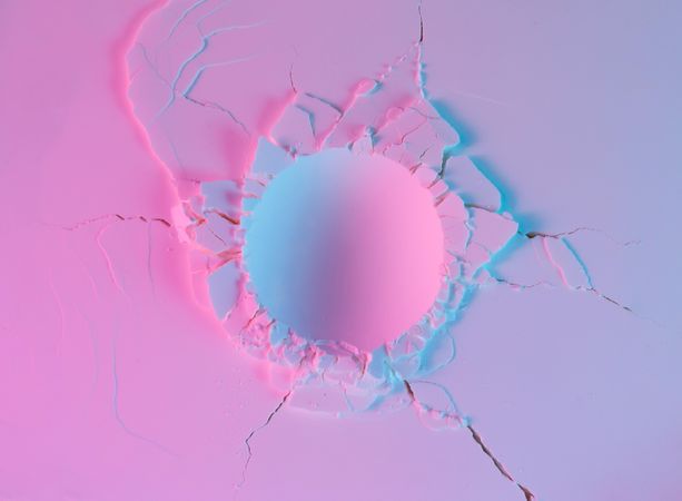 Powder texture with round impact crater in neon pink and purple lights