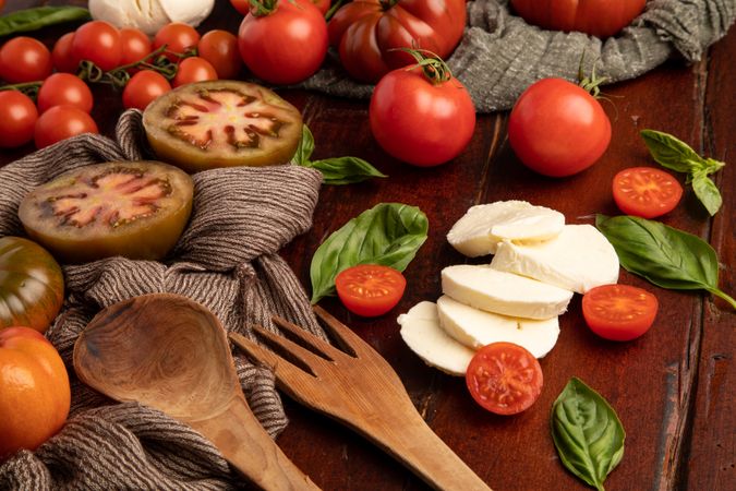 Salad ingredients on board and napkin